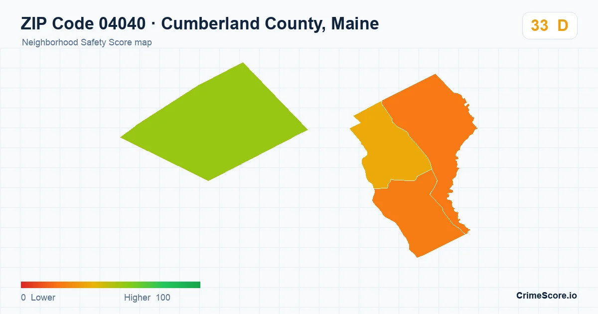 ZIP Code 04040 in Cumberland County, Maine neighborhood Safety Score map