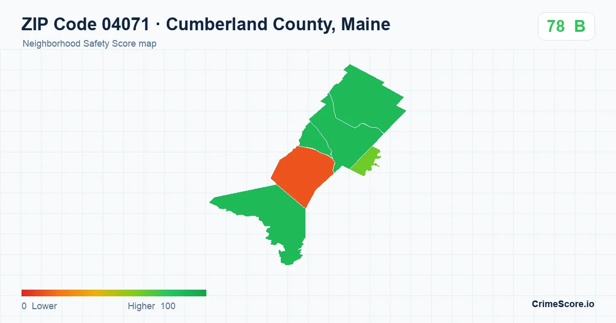 ZIP Code 04071 in Cumberland County, Maine neighborhood Safety Score map