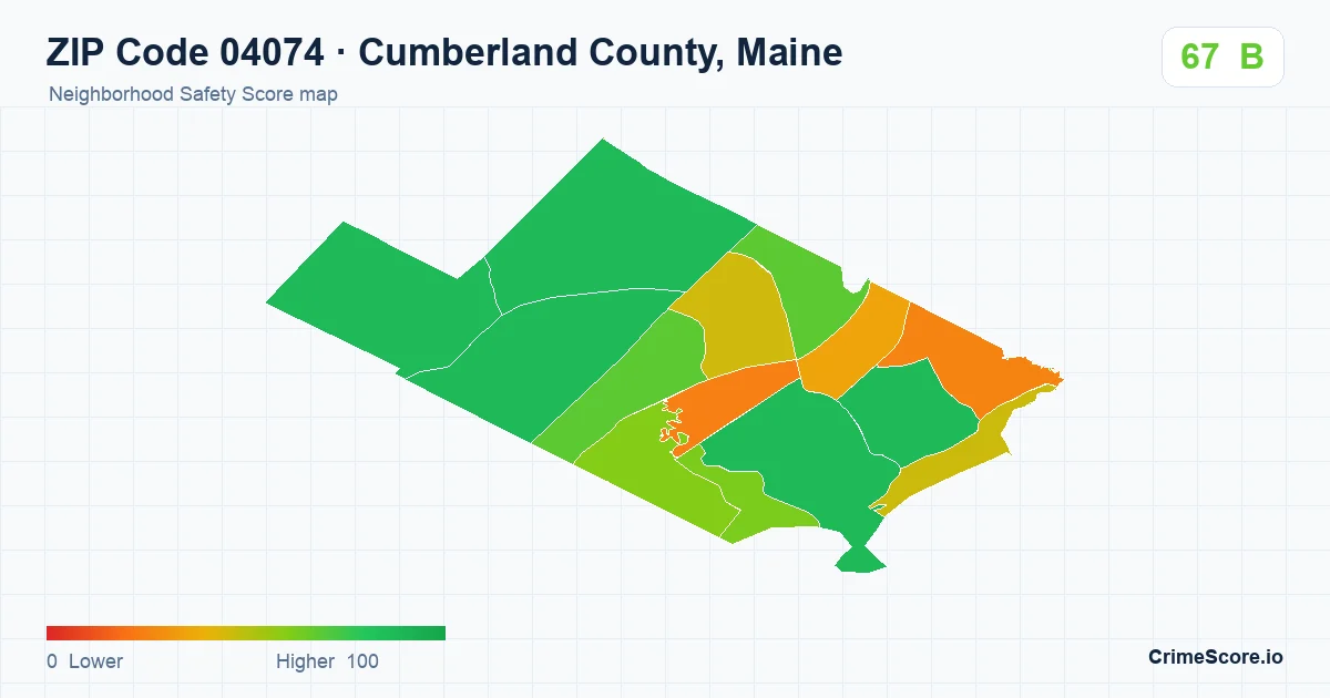 ZIP Code 04074 in Cumberland County, Maine neighborhood Safety Score map