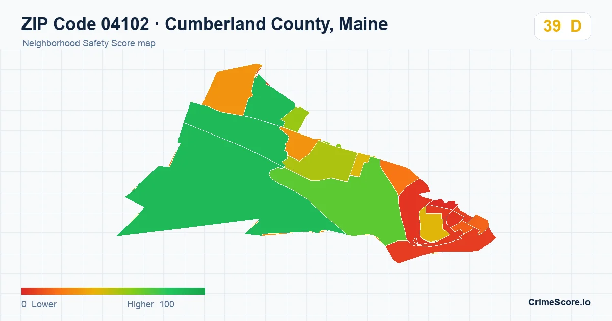 ZIP Code 04102 in Cumberland County, Maine neighborhood Safety Score map