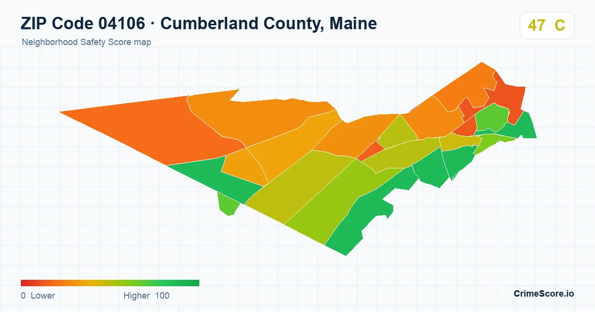 ZIP Code 04106 in Cumberland County, Maine neighborhood Safety Score map