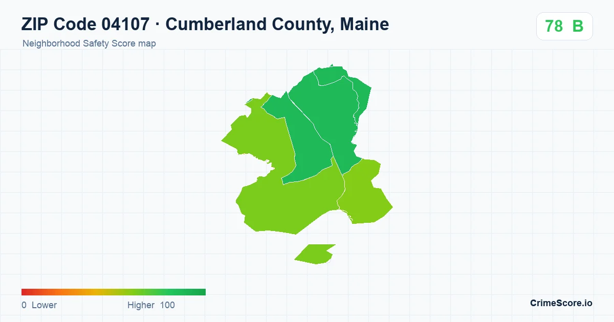 ZIP Code 04107 in Cumberland County, Maine neighborhood Safety Score map