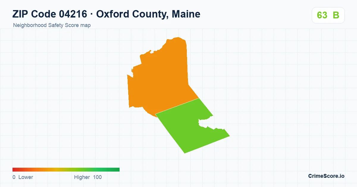 ZIP Code 04216 in Oxford County, Maine neighborhood Safety Score map