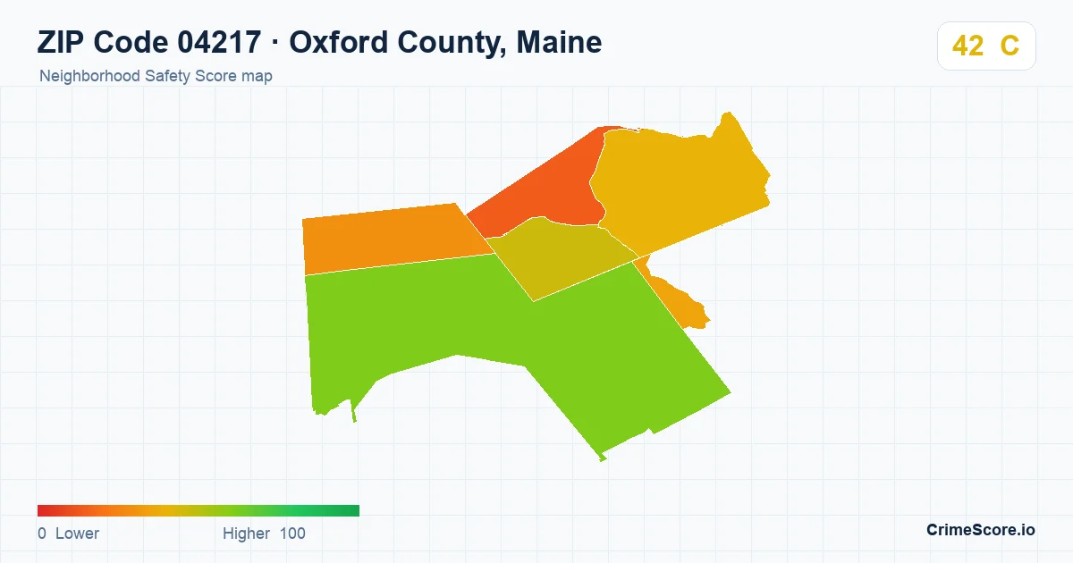 ZIP Code 04217 in Oxford County, Maine neighborhood Safety Score map