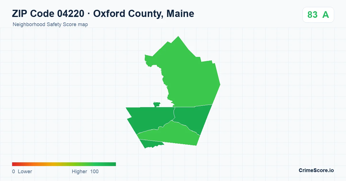 ZIP Code 04220 in Oxford County, Maine neighborhood Safety Score map