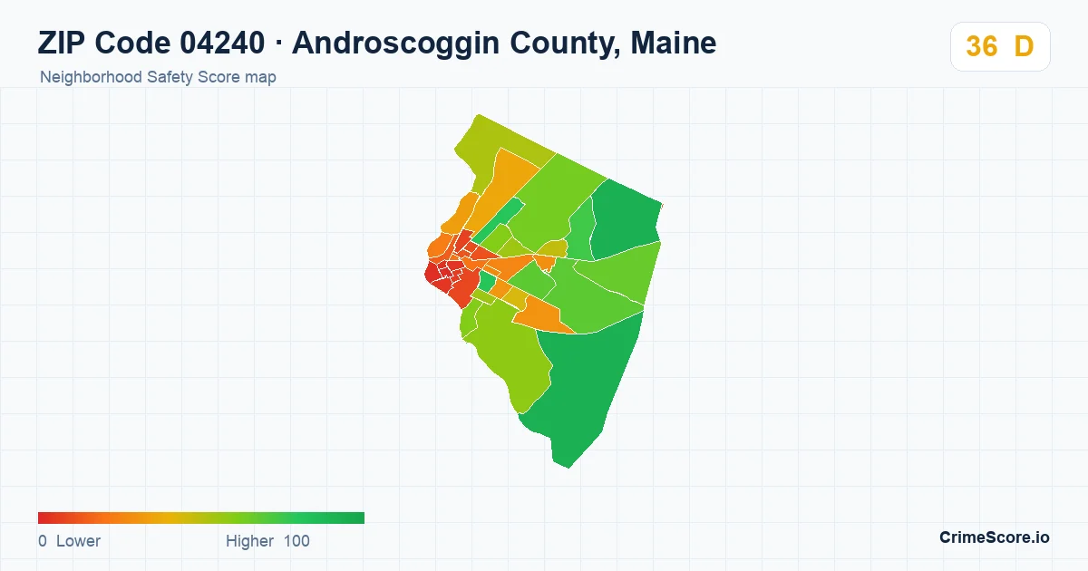 ZIP Code 04240 in Androscoggin County, Maine neighborhood Safety Score map
