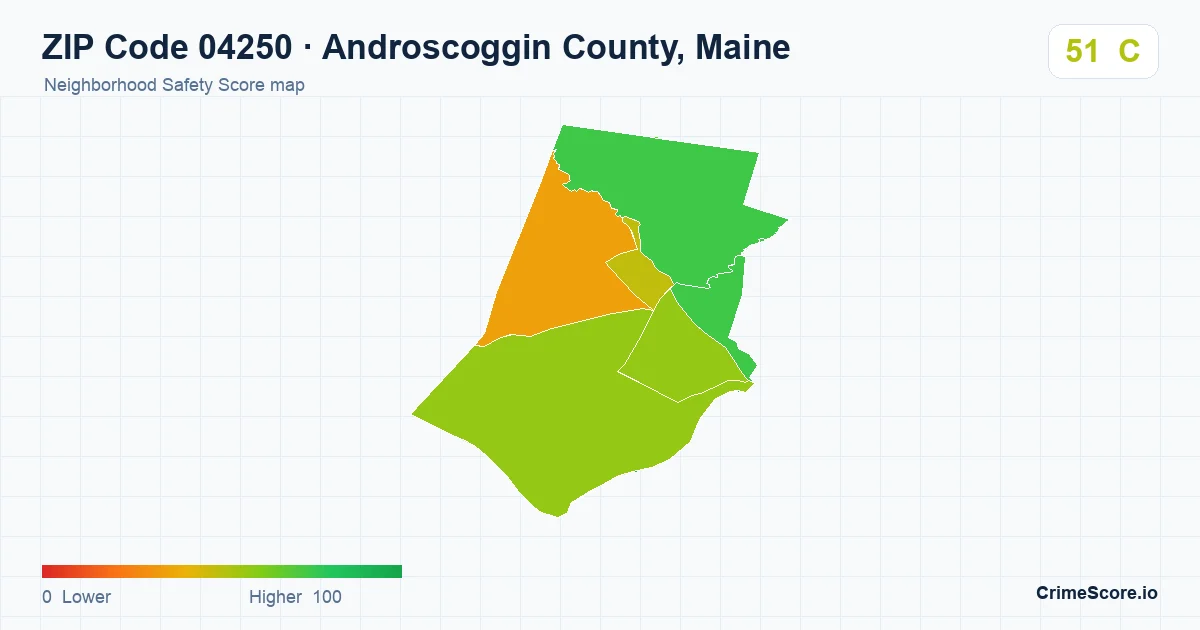 ZIP Code 04250 in Androscoggin County, Maine neighborhood Safety Score map