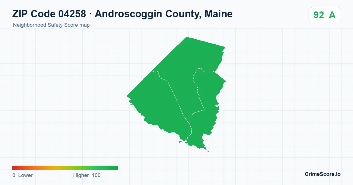 ZIP Code 04258 in Androscoggin County, Maine neighborhood Safety Score map