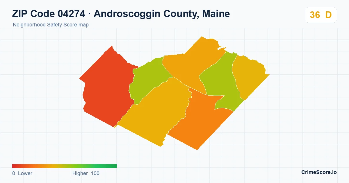 ZIP Code 04274 in Androscoggin County, Maine neighborhood Safety Score map