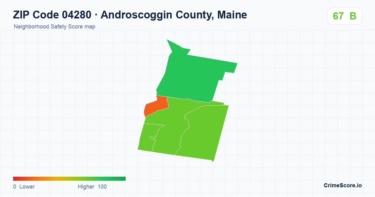 ZIP Code 04280 in Androscoggin County, Maine neighborhood Safety Score map
