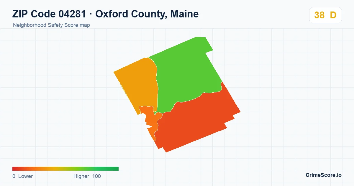 ZIP Code 04281 in Oxford County, Maine neighborhood Safety Score map