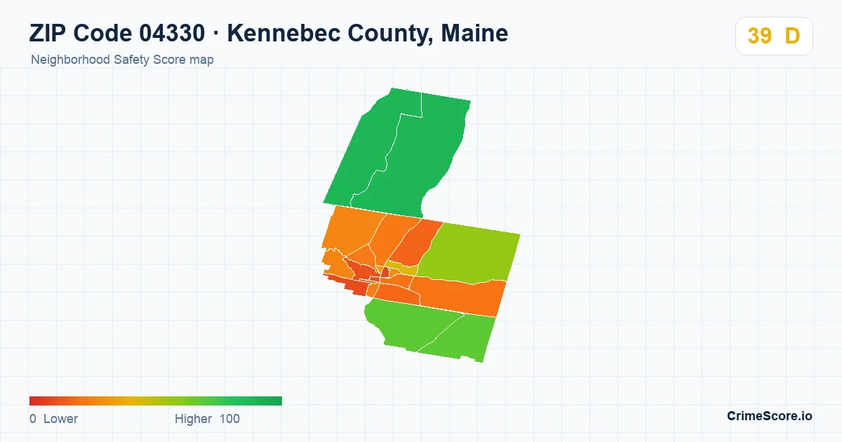 ZIP Code 04330 in Kennebec County, Maine neighborhood Safety Score map