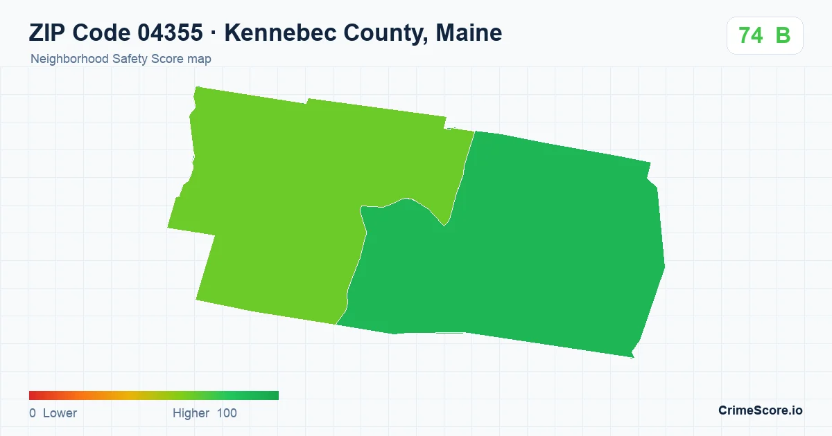 ZIP Code 04355 in Kennebec County, Maine neighborhood Safety Score map