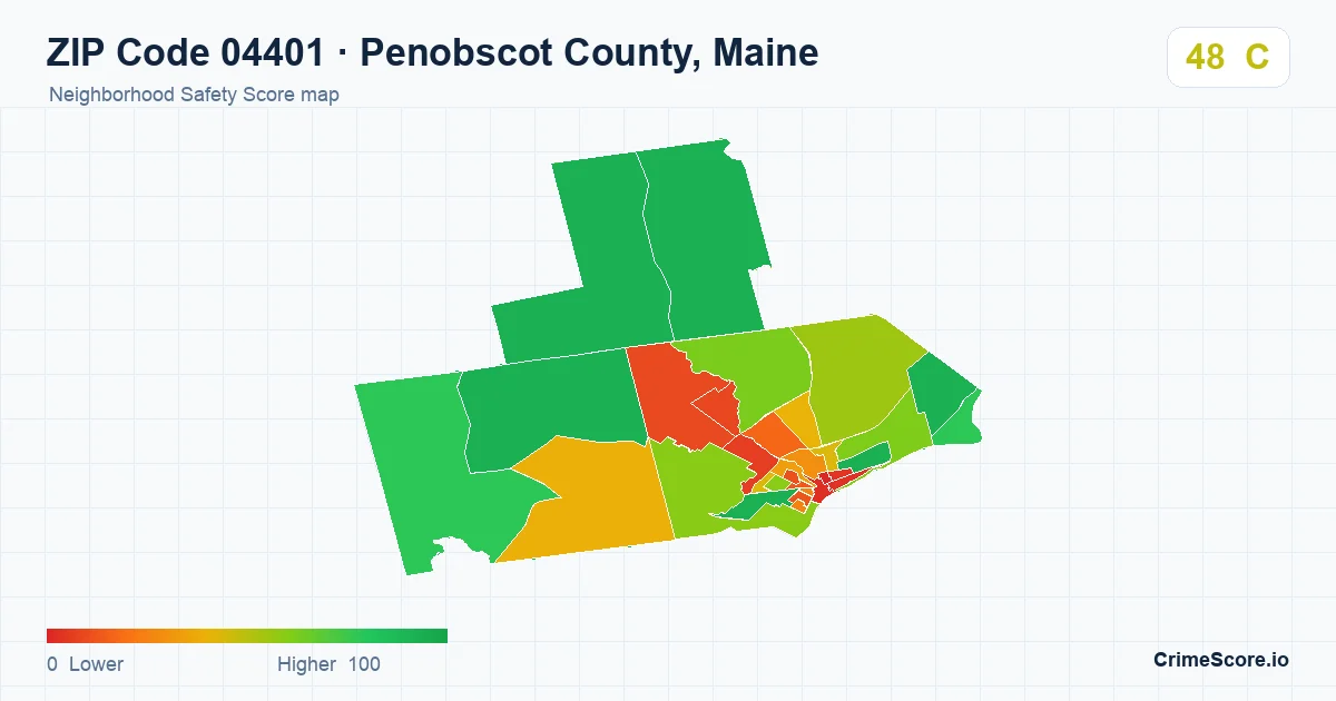 ZIP Code 04401 in Penobscot County, Maine neighborhood Safety Score map