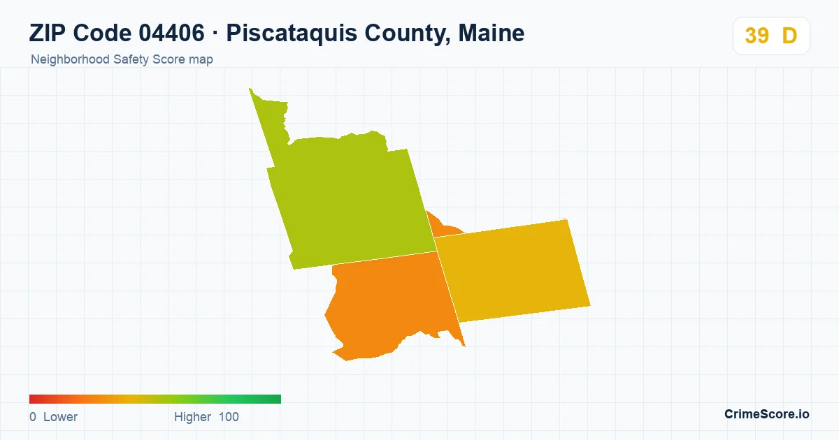 ZIP Code 04406 in Piscataquis County, Maine neighborhood Safety Score map