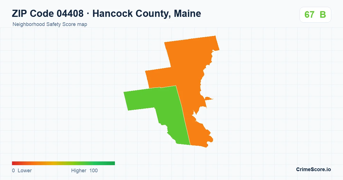 ZIP Code 04408 in Hancock County, Maine neighborhood Safety Score map