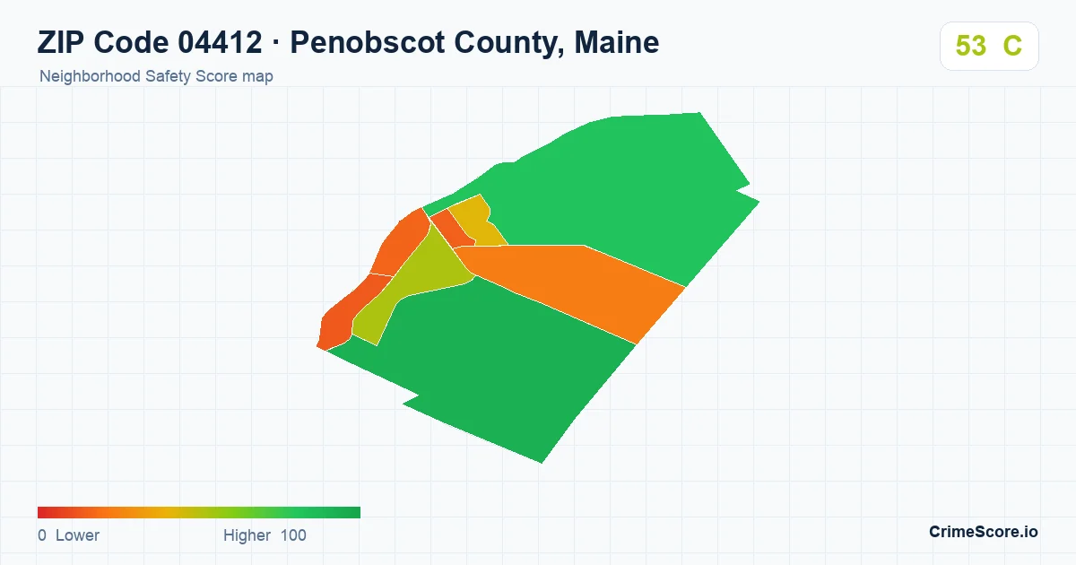 ZIP Code 04412 in Penobscot County, Maine neighborhood Safety Score map