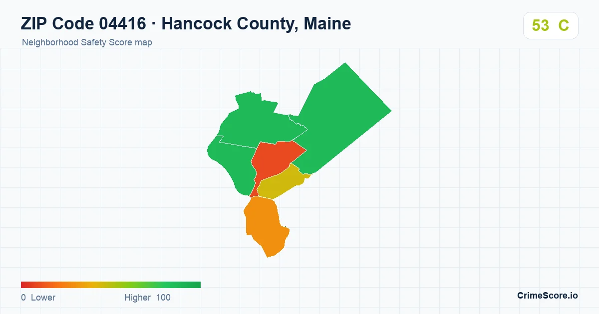 ZIP Code 04416 in Hancock County, Maine neighborhood Safety Score map