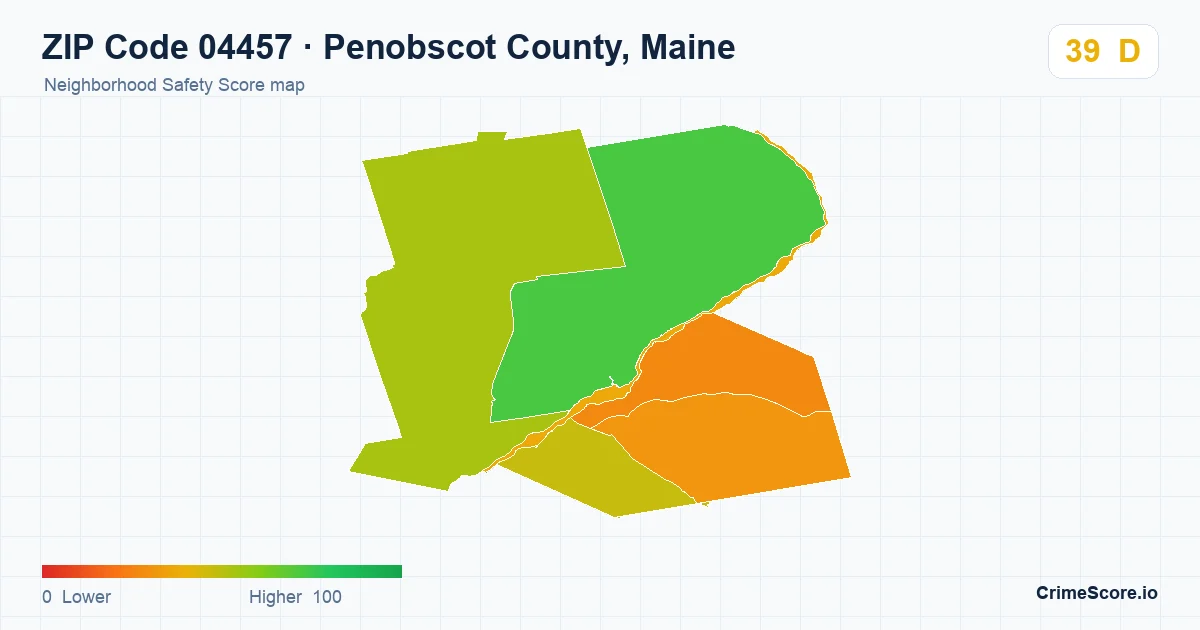ZIP Code 04457 in Penobscot County, Maine neighborhood Safety Score map