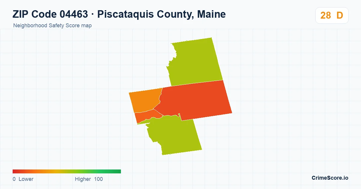 ZIP Code 04463 in Piscataquis County, Maine neighborhood Safety Score map