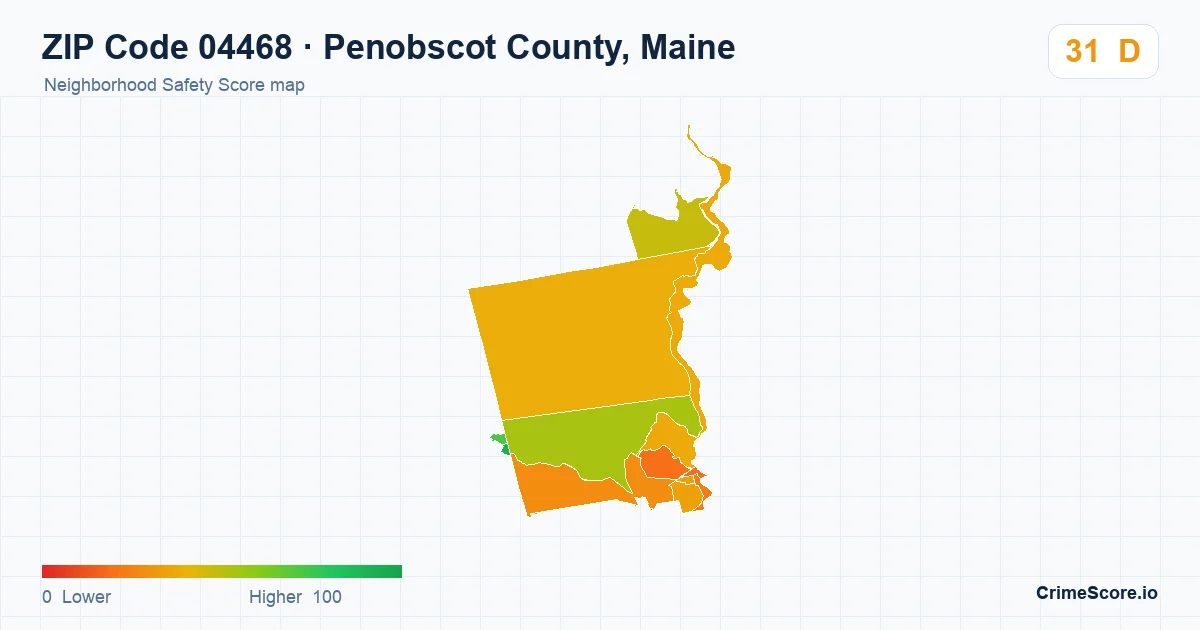 ZIP Code 04468 in Penobscot County, Maine neighborhood Safety Score map