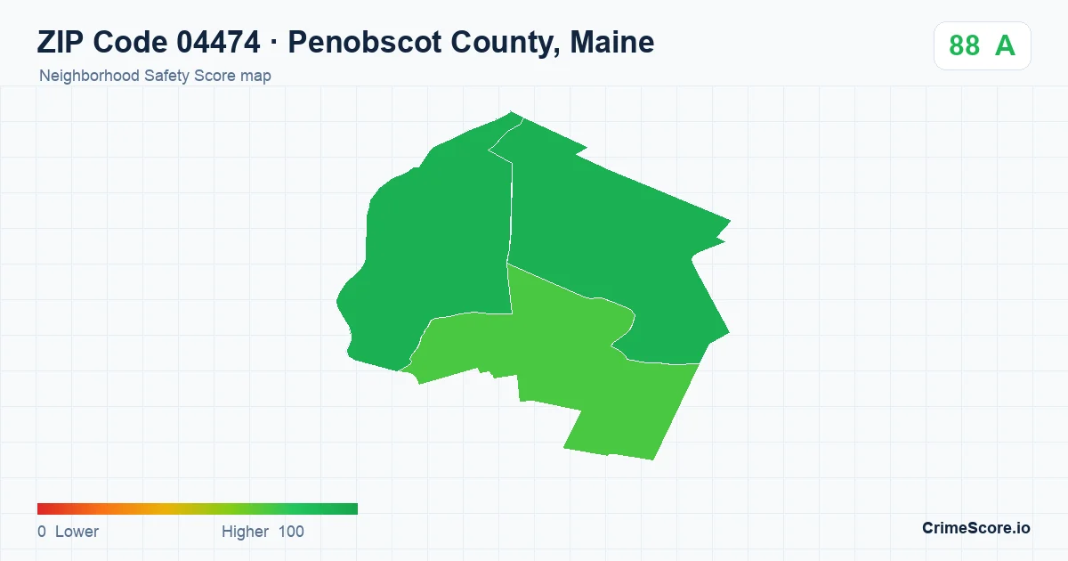 ZIP Code 04474 in Penobscot County, Maine neighborhood Safety Score map
