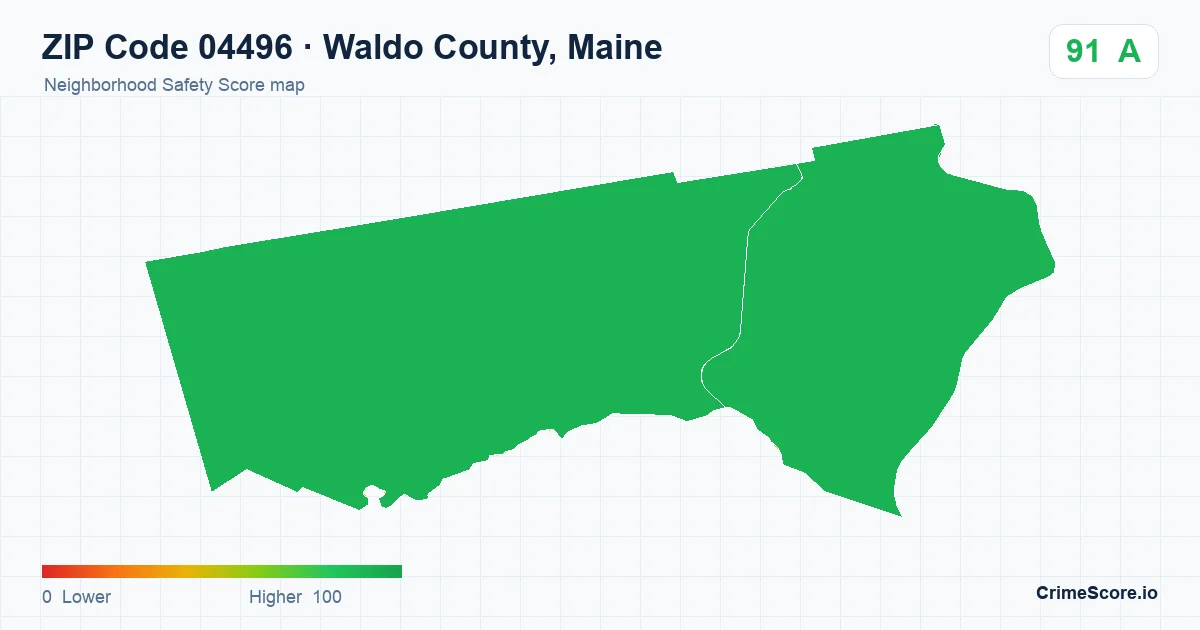 ZIP Code 04496 in Waldo County, Maine neighborhood Safety Score map