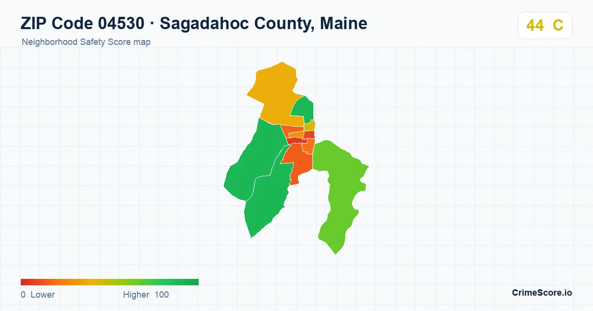 ZIP Code 04530 in Sagadahoc County, Maine neighborhood Safety Score map