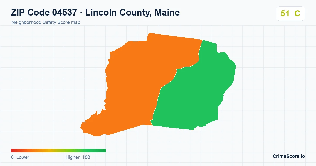ZIP Code 04537 in Lincoln County, Maine neighborhood Safety Score map