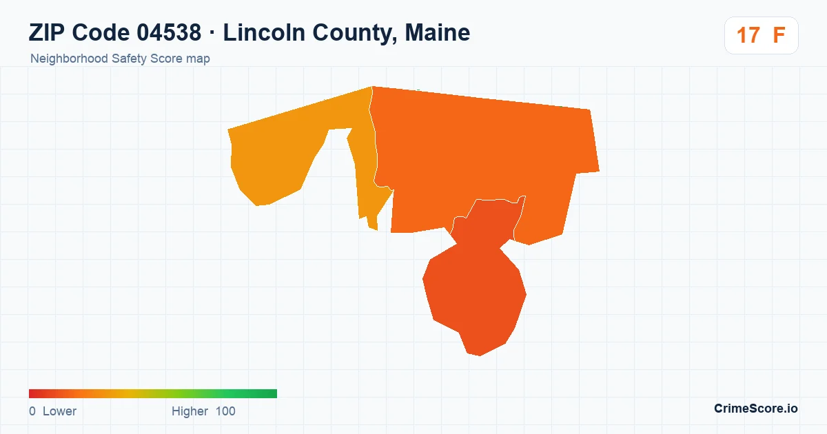ZIP Code 04538 in Lincoln County, Maine neighborhood Safety Score map