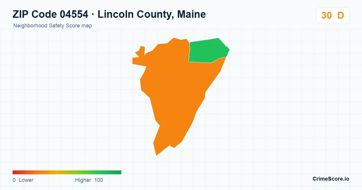 ZIP Code 04554 in Lincoln County, Maine neighborhood Safety Score map