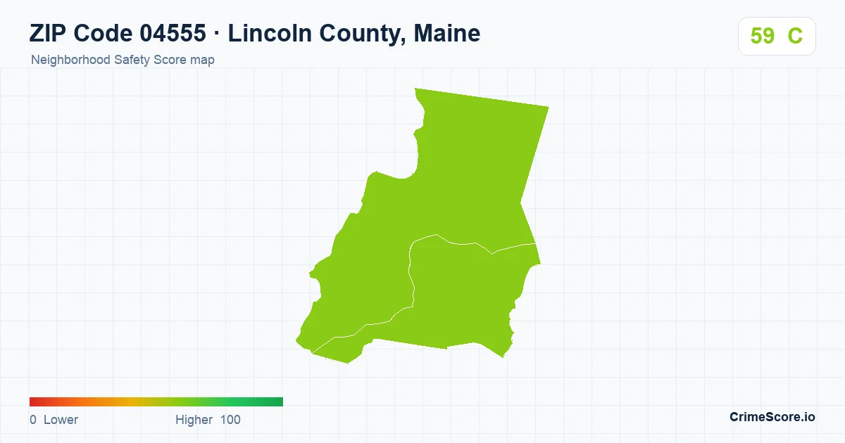 ZIP Code 04555 in Lincoln County, Maine neighborhood Safety Score map