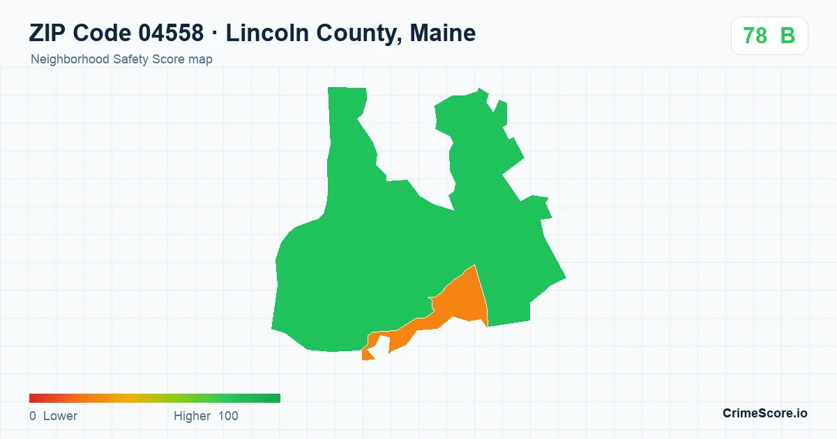 ZIP Code 04558 in Lincoln County, Maine neighborhood Safety Score map