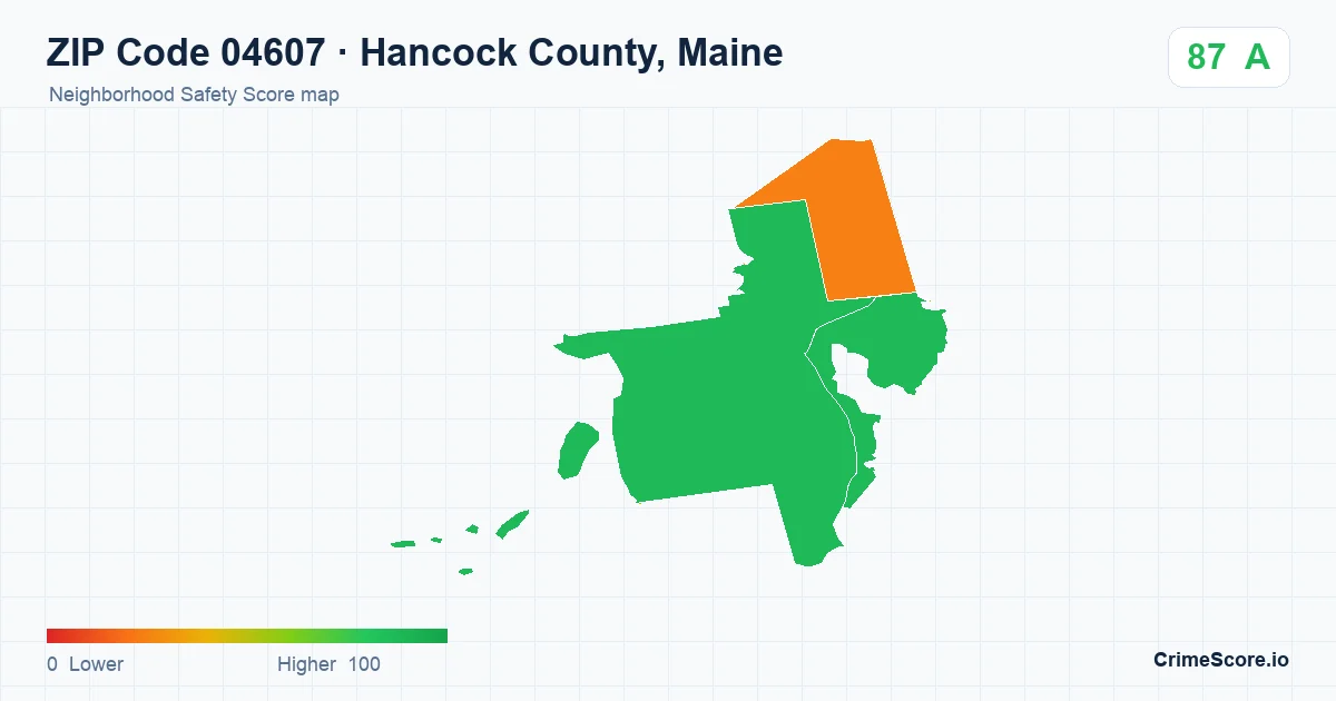 ZIP Code 04607 in Hancock County, Maine neighborhood Safety Score map