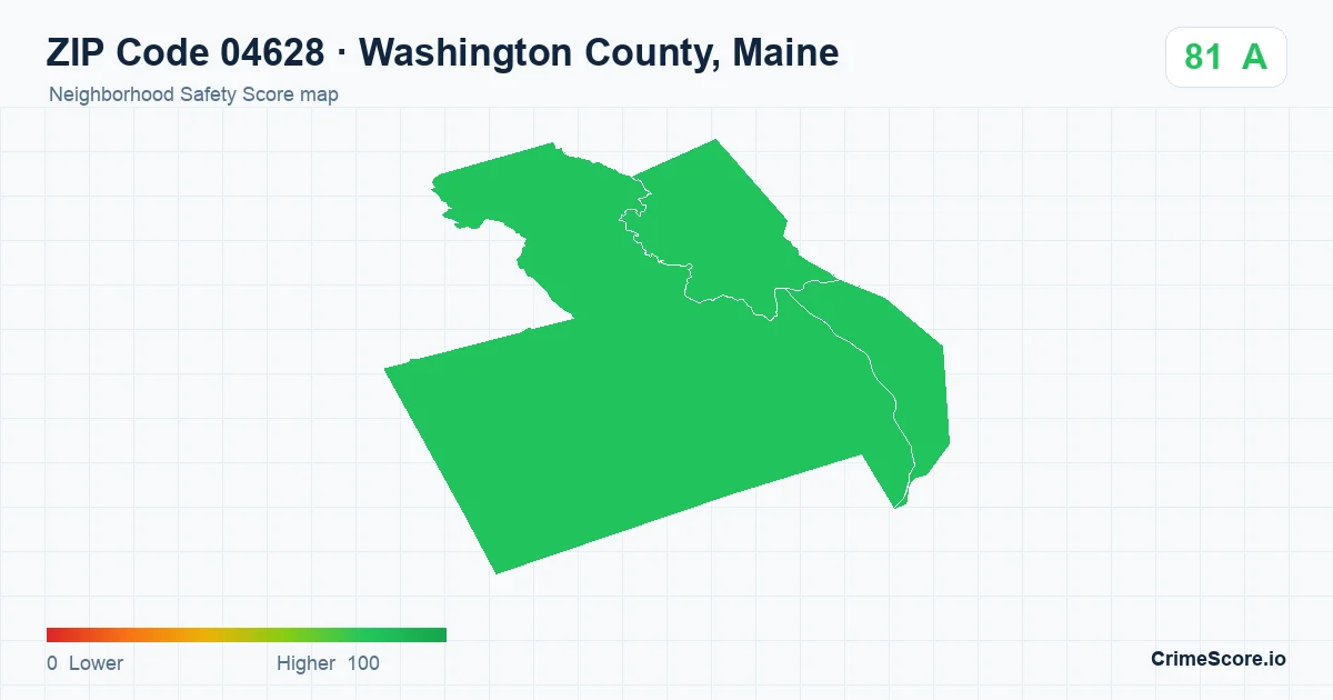 ZIP Code 04628 in Washington County, Maine neighborhood Safety Score map