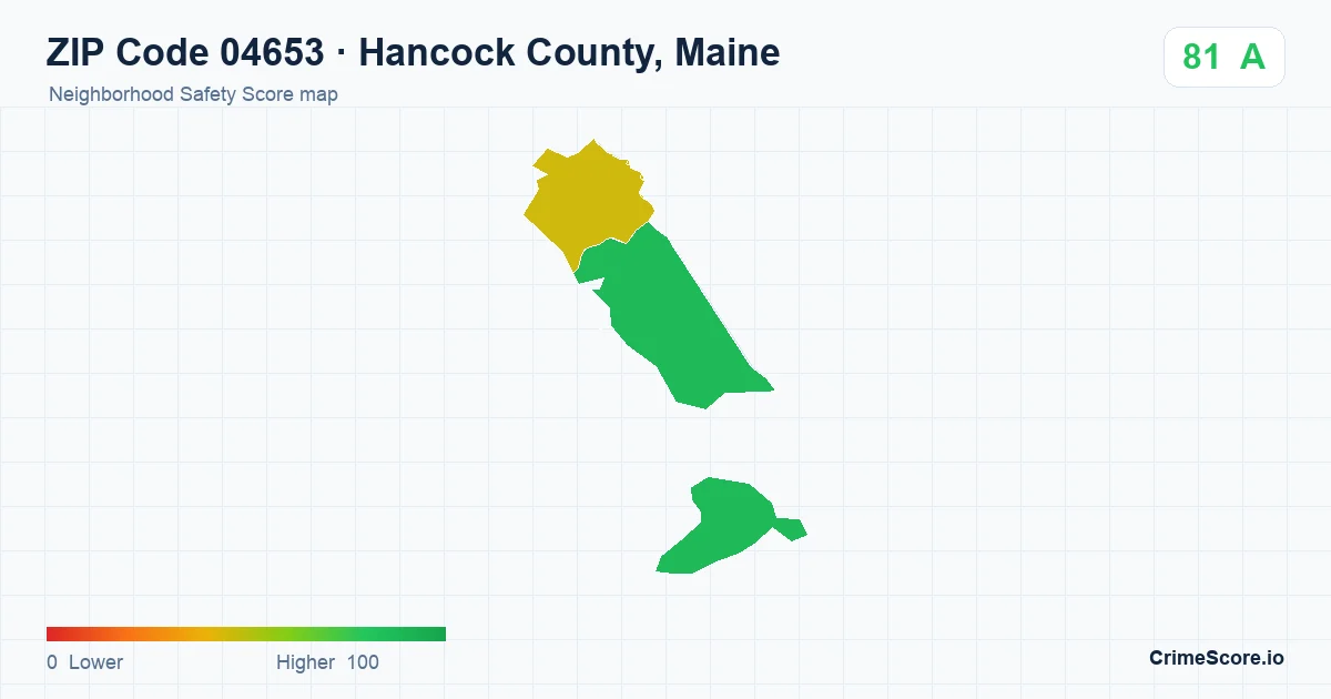 ZIP Code 04653 in Hancock County, Maine neighborhood Safety Score map