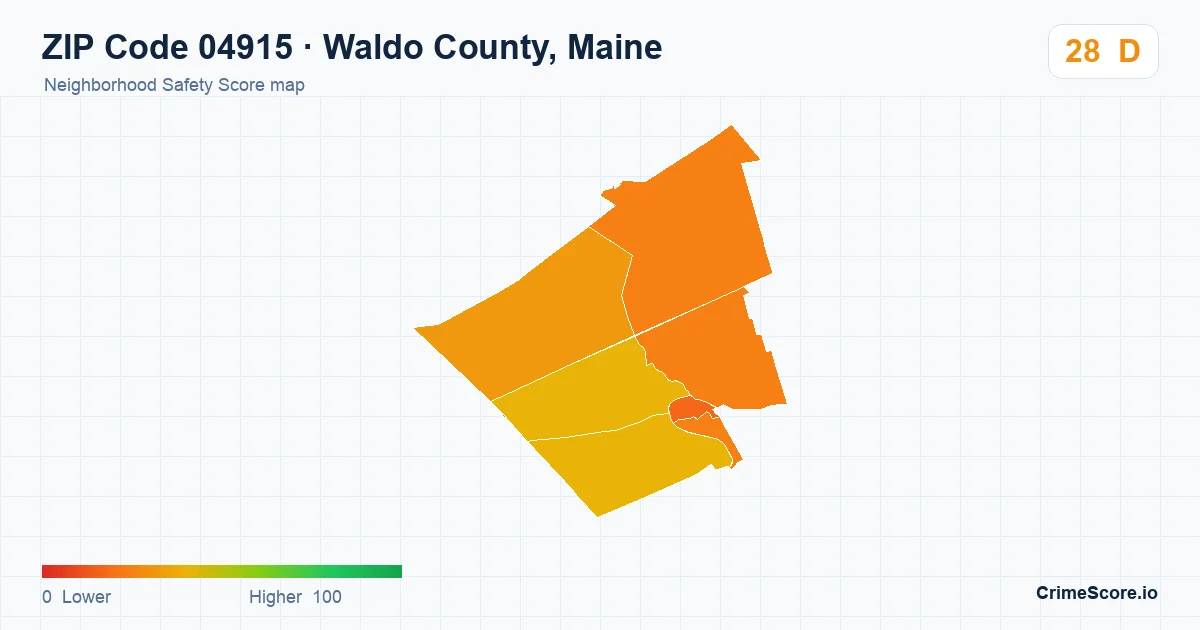 ZIP Code 04915 in Waldo County, Maine neighborhood Safety Score map