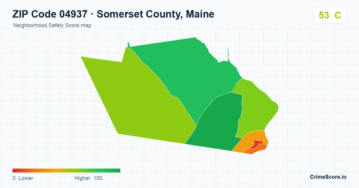 ZIP Code 04937 in Somerset County, Maine neighborhood Safety Score map