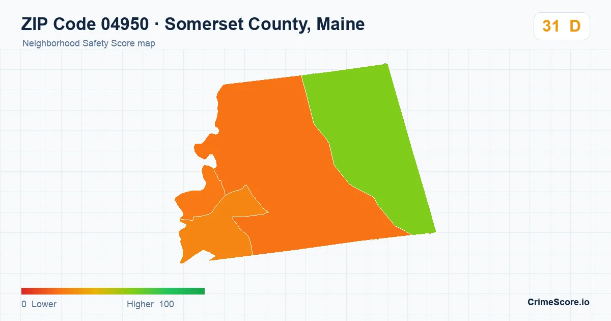 ZIP Code 04950 in Somerset County, Maine neighborhood Safety Score map