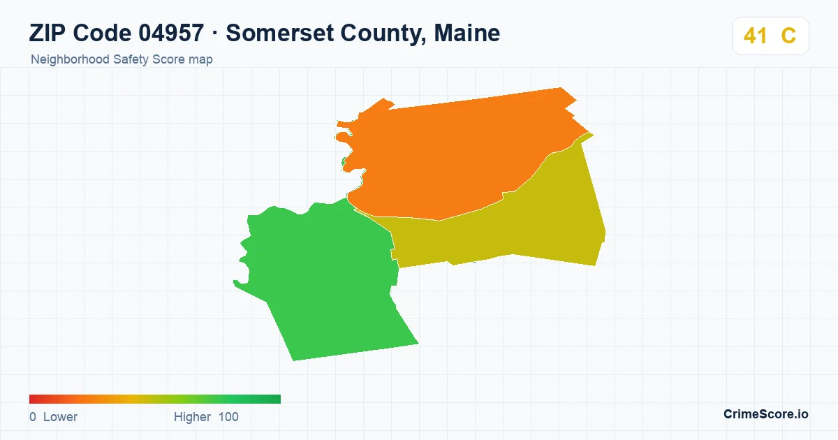 ZIP Code 04957 in Somerset County, Maine neighborhood Safety Score map