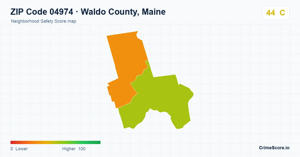 ZIP Code 04974 in Waldo County, Maine neighborhood Safety Score map
