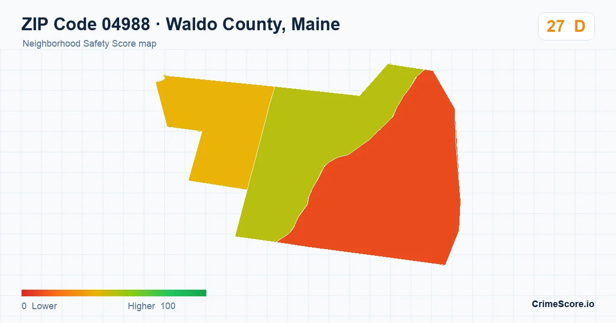 ZIP Code 04988 in Waldo County, Maine neighborhood Safety Score map