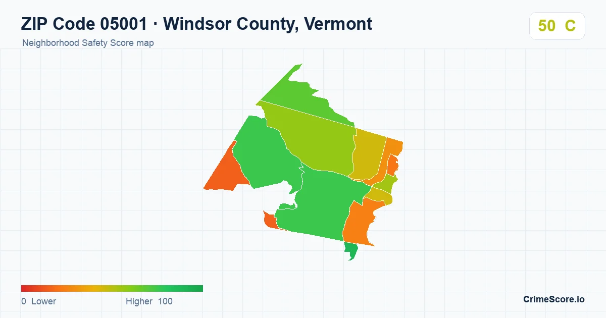 ZIP Code 05001 in Windsor County, Vermont neighborhood Safety Score map