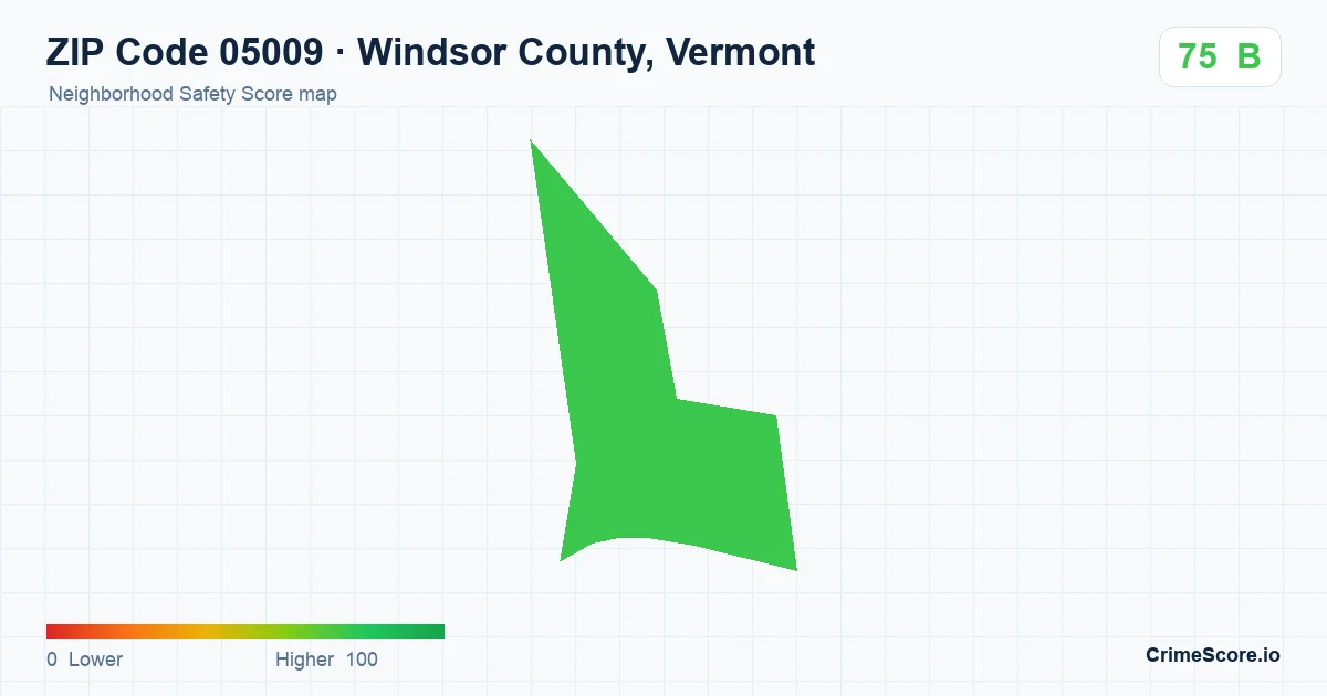 ZIP Code 05009 in Windsor County, Vermont neighborhood Safety Score map