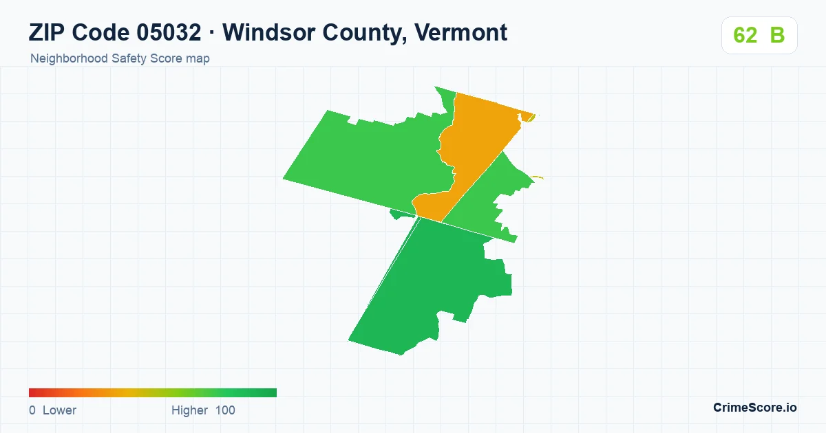 ZIP Code 05032 in Windsor County, Vermont neighborhood Safety Score map