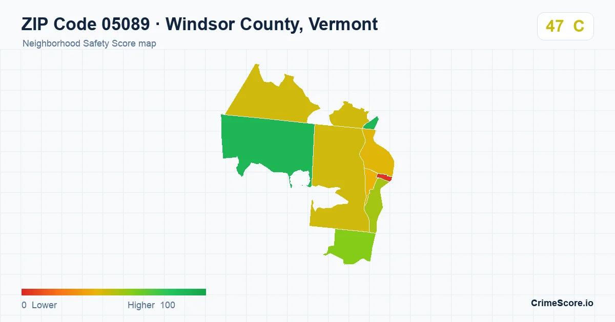 ZIP Code 05089 in Windsor County, Vermont neighborhood Safety Score map