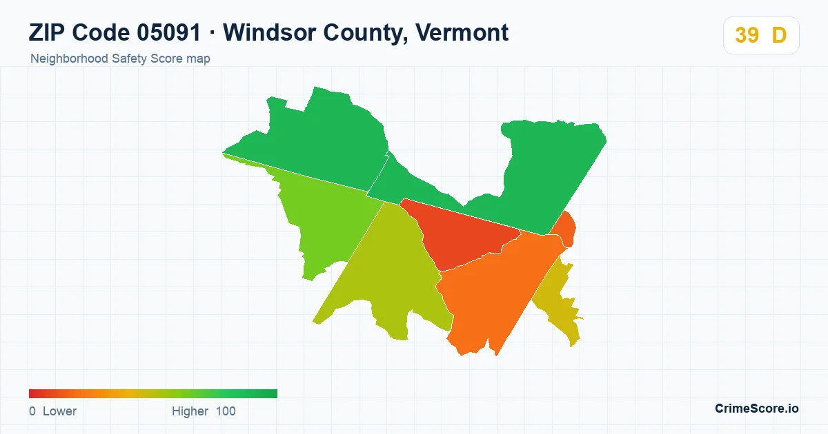 ZIP Code 05091 in Windsor County, Vermont neighborhood Safety Score map