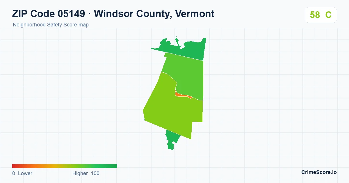 ZIP Code 05149 in Windsor County, Vermont neighborhood Safety Score map