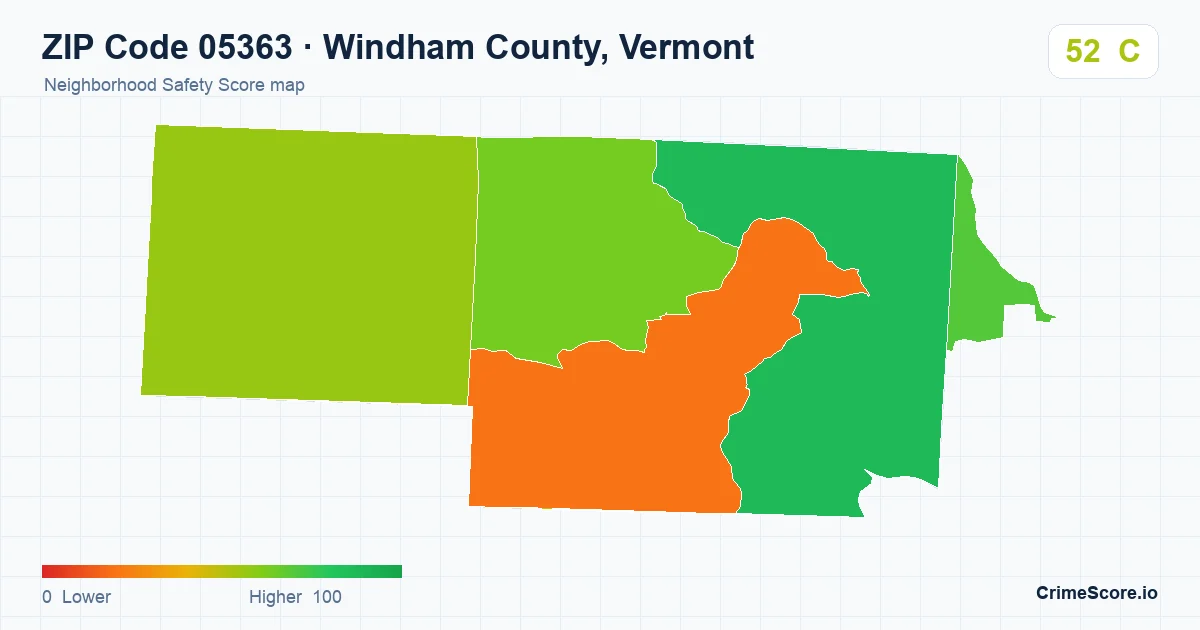 ZIP Code 05363 in Windham County, Vermont neighborhood Safety Score map