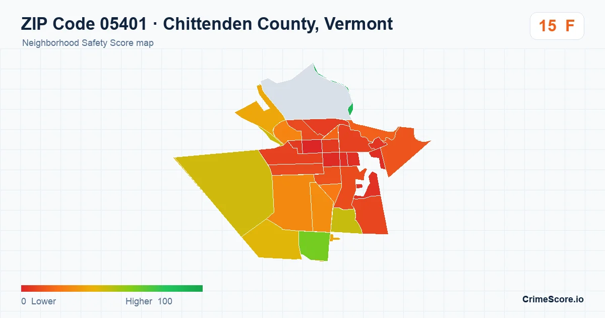 ZIP Code 05401 in Chittenden County, Vermont neighborhood Safety Score map